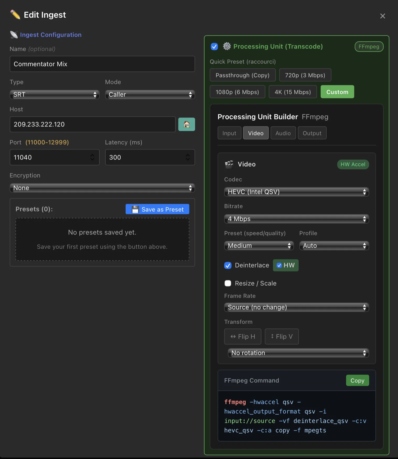 Transcoding settings showing codec, resolution, bitrate, and hardware acceleration options