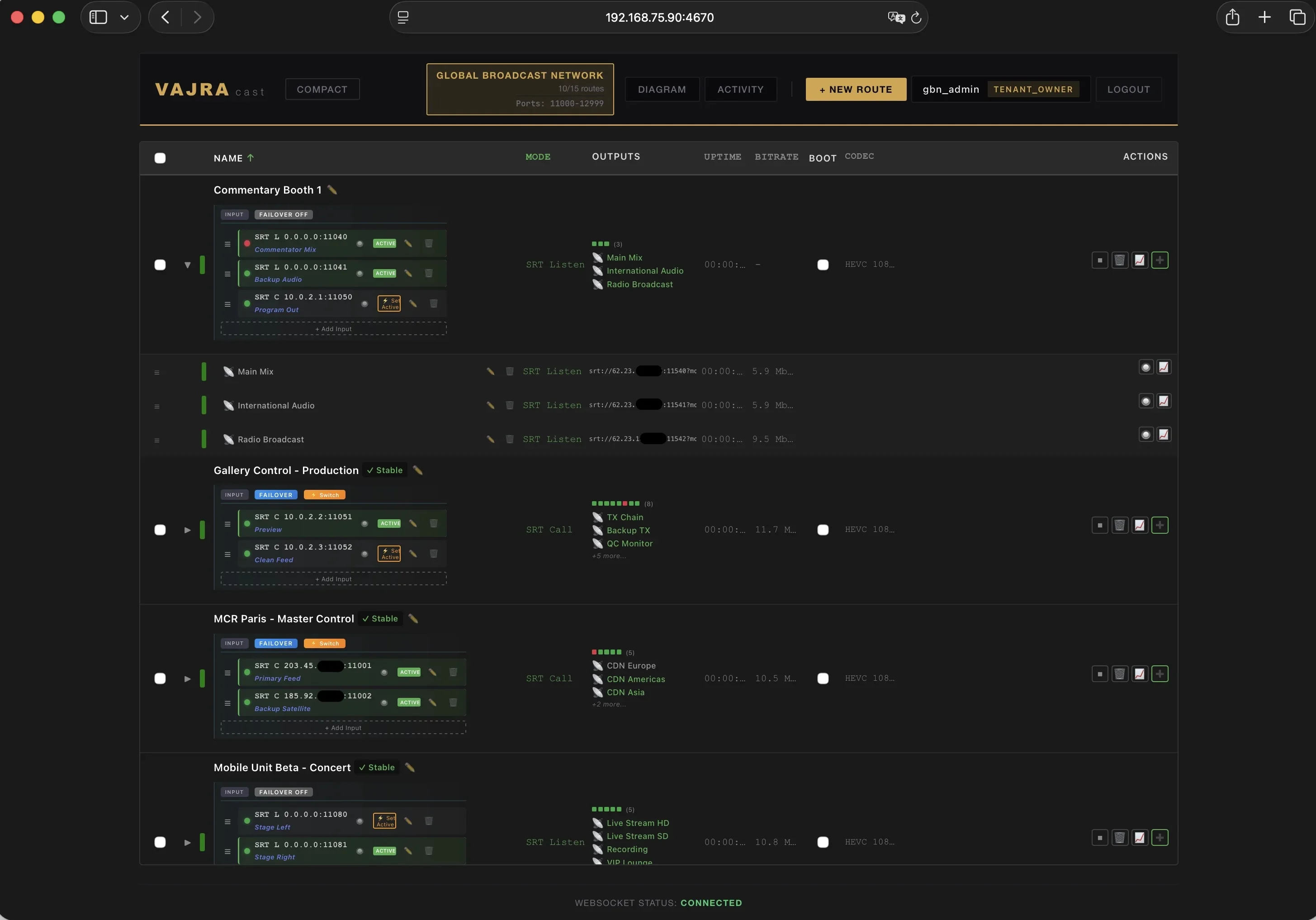 Vajra Cast dashboard showing active routes with real-time status, bitrate, and connection details