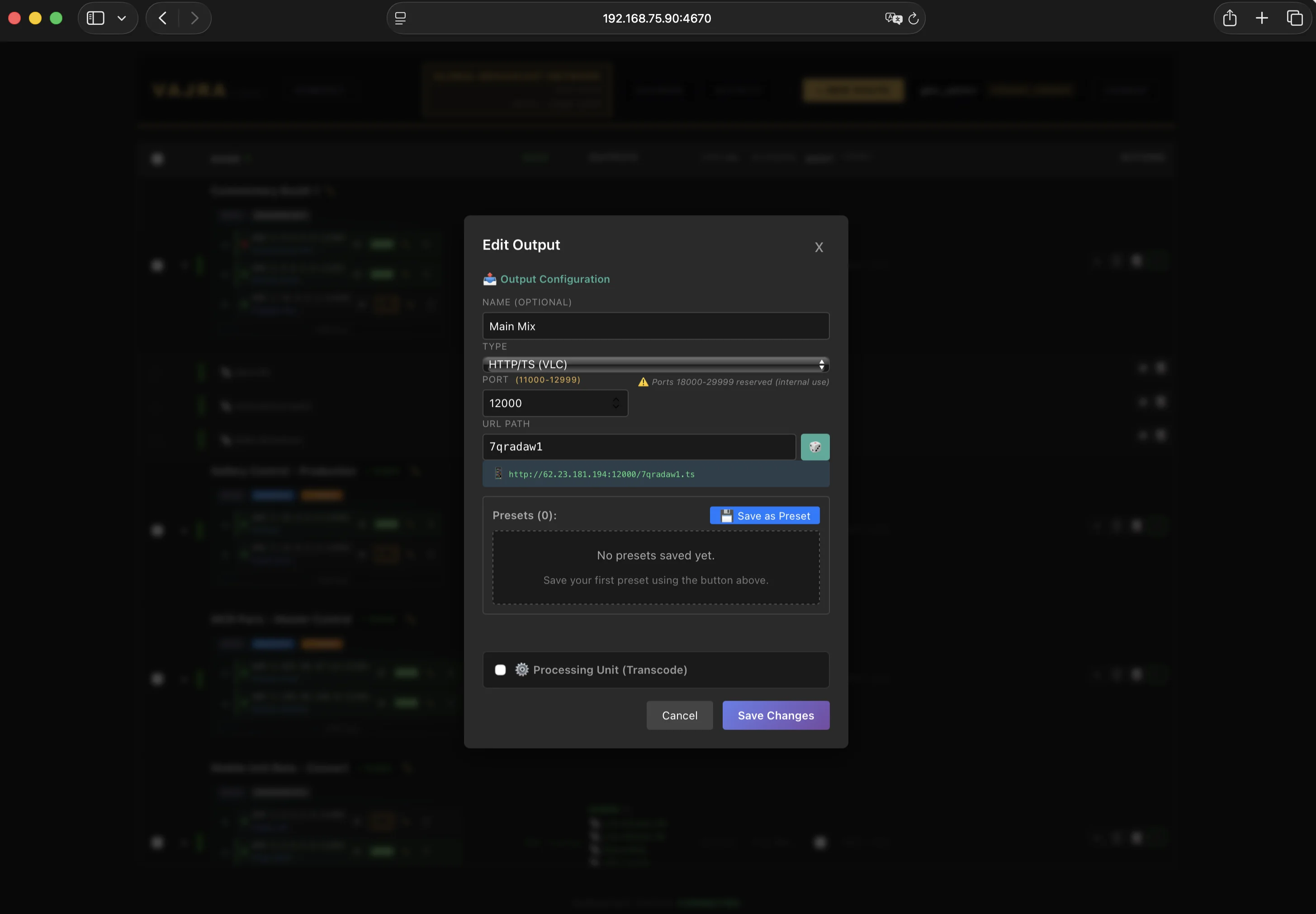 Output settings panel with protocol, destination URL, and stream key fields